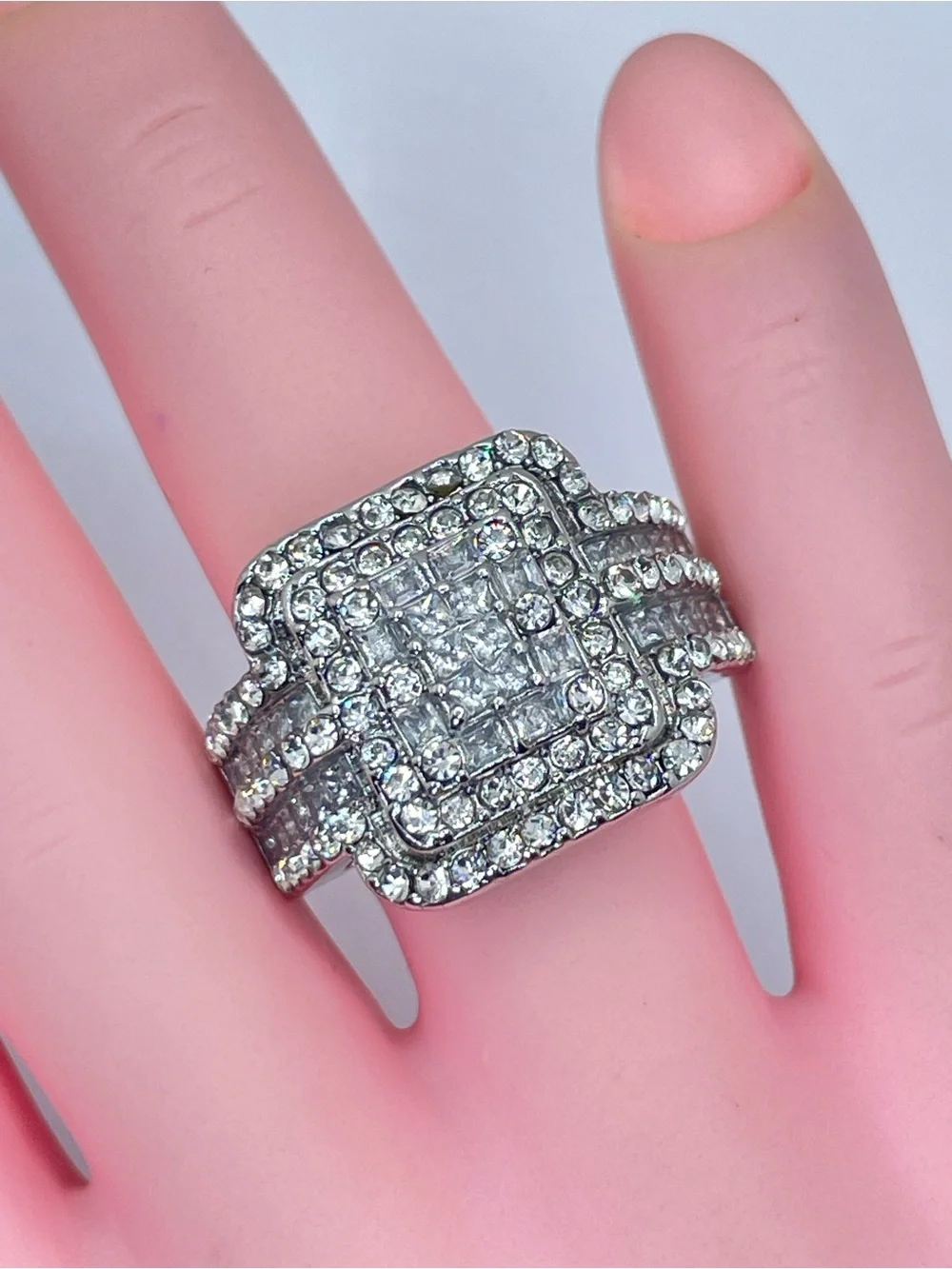 Pave Diamond White CZ Cluster Statement Ring Silver Bold Square Halo Glam